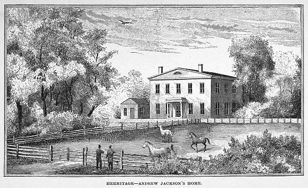 Andrew Jacksons home at the Hermitage, near Nashville, Tennessee. Wood engraving, 19th century