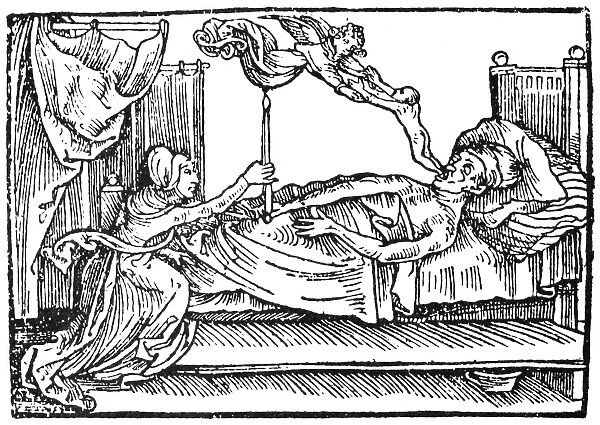 ANGEL OF DEATH, 1508. Angel of Death taking the soul, in the form of a child, from a dying man