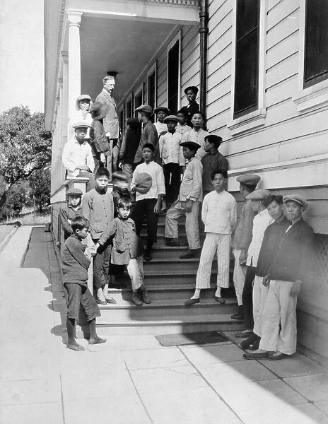 ANGEL ISLAND, 1923. Men outside of the hospital on at Angel Island Immigration