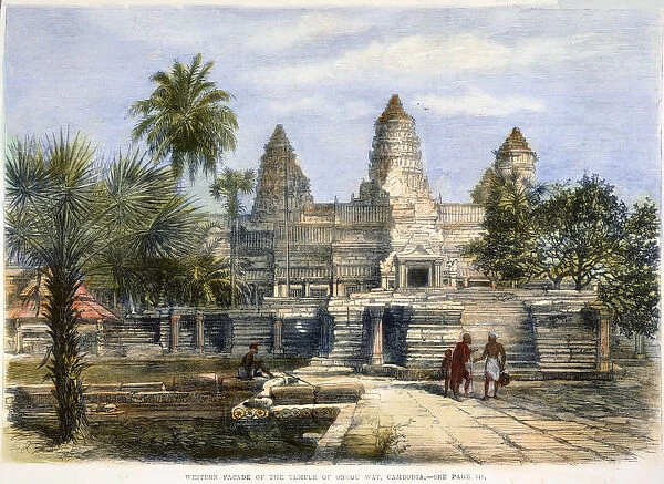 ANGKOR WAT, 1868. The western facade of the great temple of the Khmer Empire in present day Cambodia. Wood engraving, English, 1868