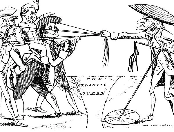 Anglo-American political philosopher and writer. English cartoon, c1776-80, showing England trying to control America. The American in dark pants is likely to be Thomas Paine, presenting his bottom to his native land