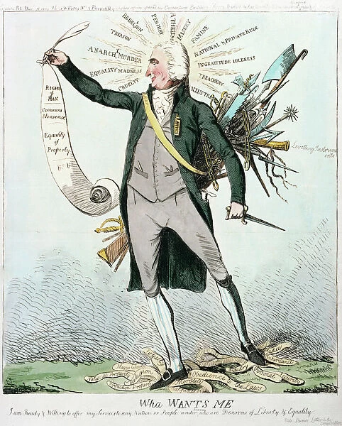 Anglo-American political philosopher and writer. Paine, holding the scroll Rights of Man, defending measures taken in revolutionary France and appealing to the English to overthrow their monarchy and organize a republic. Contemporary English cartoon, 1792. More caption information available