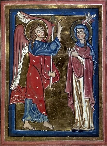 THE ANNUNCIATION. Illumination from a German Psalter, early 13th century