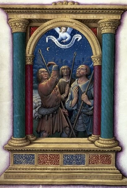 ANNUNCIATION TO SHEPHERDS. Illumination from a French Book of Hours, c1510