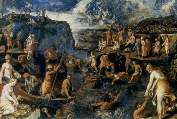 ANON: AMERICANS FISHING. The Americans Fishing for Pearls by Anonymous. Oil on Lapis Lazuli, 17th century
