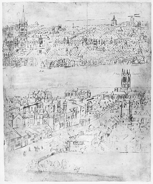 Detail from Anthon van den Wyngaerdes view of London, c1543-1550, showing Southwark with its High Street in the foreground, and London on the north side of the Thames River with St. Pauls Cathedral on the left