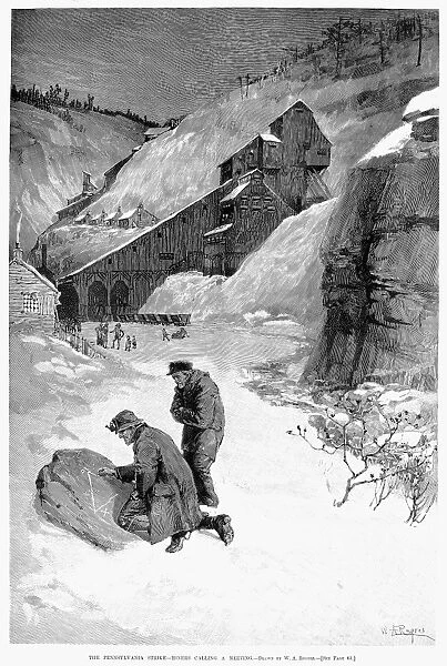 ANTHRACITE STRIKE, 1888. Miners calling a meeting during the coal miners strike in Pennsylvania, 1887-1888. Line engraving after W. A. Rogers from an American newspaper of 1888