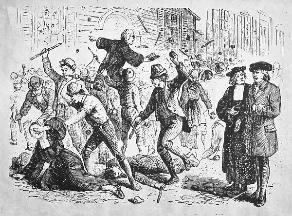 ANTI-METHODIST RIOTS, 1750. Protestants rioting in Cork, Ireland, during John Wesleys second visit, 1750, to the town, accompanied by Christopher Hopper. Wood engraving, late 19th century