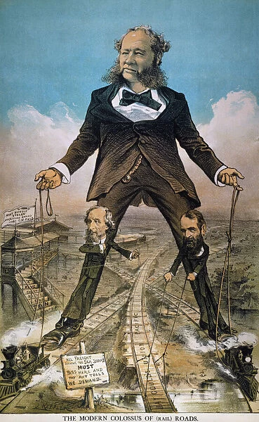 ANTI-TRUST CARTOON, 1879. The Modern Colossus of (Rail) Roads. American cartoon by Joseph Keppler, 1879, attacking the railroad trust formed by William Henry Vanderbilt (top), Cyrus W. Field (bottom left) and Jay Gould (bottom right)