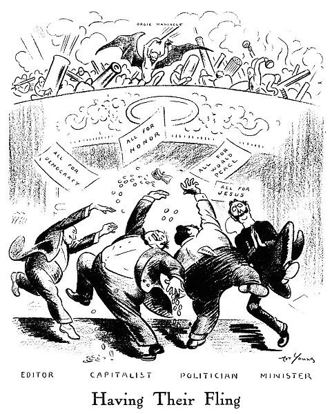 ANTI-WAR CARTOON, 1917. Having Their Fling. American cartoon by Art Young, 1917