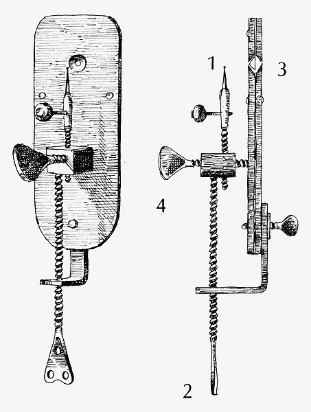 One of Anton van Leeuwenhoeks microscopes. The specimen to be examined was placed on the apparatus at (1), brought into position vertically by turning the lower screw (2), and moved toward or away from the lens (3) by turning the shorter screw (4)