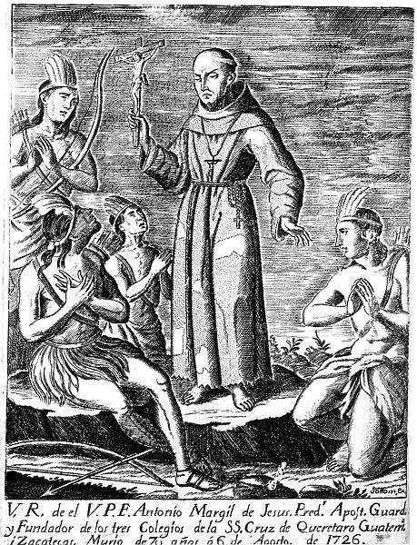 ANTONIO MARGIL (1657-1726). Father Antonio Margil de Jesus. Spanish founder of missions in Texas. Father Margil preaching to Native Americans. Line engraving, 1737