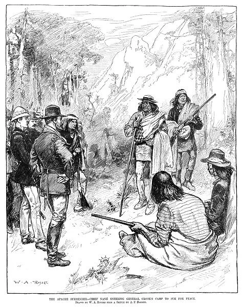 APACHE WARS, 1883. The Apache Chief Nana surrendering to General George Crook. Drawing by W