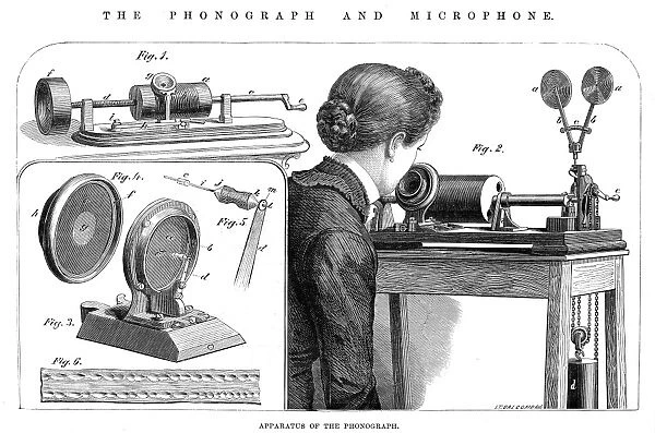 Apparatus of the phonograph. Thomas A. Edisons phonograph. Line engraving, English, 1878