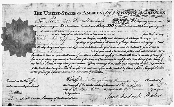 Appointment of Alexander Hamilton to a lieutenant colonel in the Continental Army, March 1777