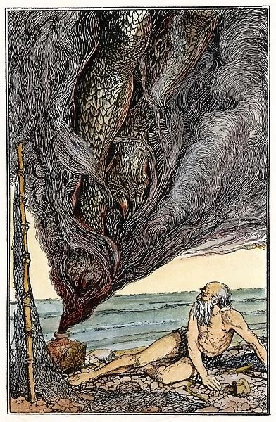ARABIAN NIGHTS: FISHERMAN. The genie comes out of the jar. Drawing, 1898, by Henry J