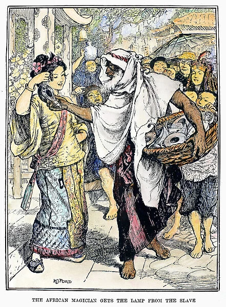 ARABIAN NIGHTS: MAGICIAN. The African magician gets the lamp from the slave