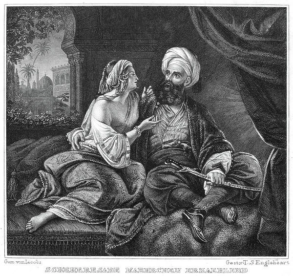 ARABIAN NIGHTS. Scheherazade amusing the Sultan Schahriah and prolonging her life with the tales for a thousand and one nights. Steel engraving, German, 19th century
