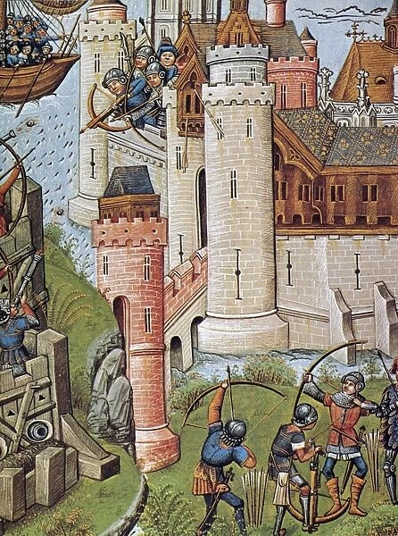 ARCHERS, 15th CENTURY. Archers defending a castle under siege