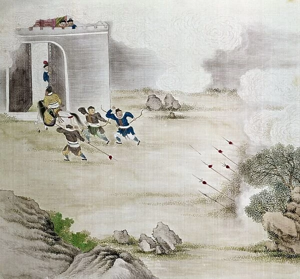 Archers in China defending a fortified house against attackers armed with spears. Watercolor on silk, c1820