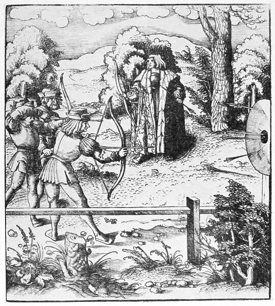 ARCHERY, 16th CENTURY. Woodcut, 16th century, from Der Weiss Kunig, about the