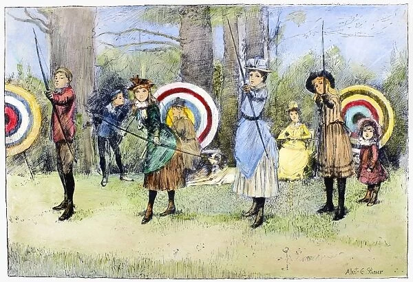 ARCHERY, 1886. Young archers. Pen-and-ink drawing, 1886, by Albert Edward Sterner