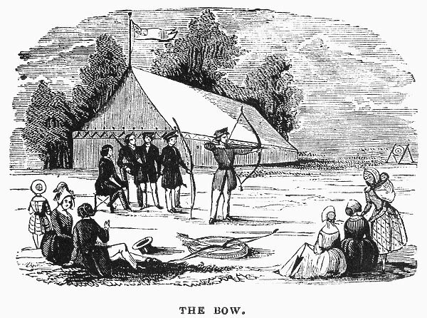 ARCHERY, c1830. Archery demonstration at an American military camp on the western frontier. Wood engraving, c1830