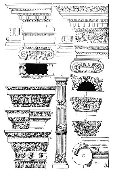 ARCHITECTURE: COLUMNS. Ancient Roman columns and capitals. Decorative engraving