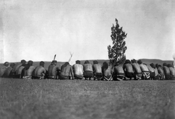 Framed Print : ARIKARA SHAMANS, c1908. A group of Arikara shamans seated in a semicircle around a sacred cedar tree on the Great Plains in North Dakota. Photographed by Edward S. Curtis, c1908