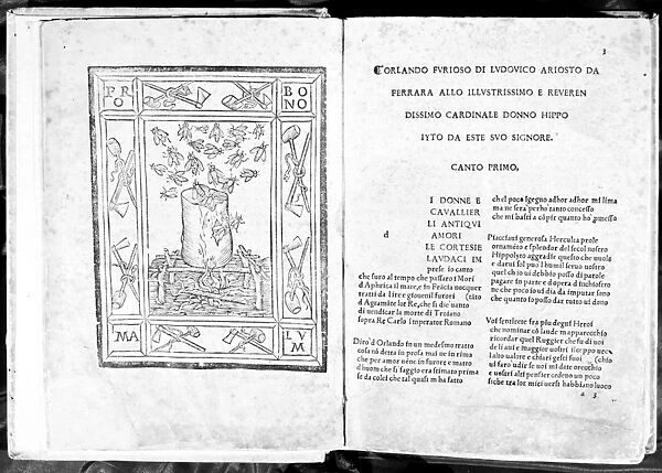 ARIOSTO: ORLANDO FURIOSO. Page from the first edition of Orlando Furioso, by Ludovico Ariosto, early 16th century