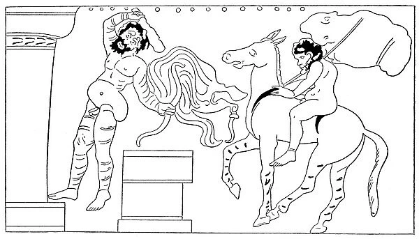 ARISTOPHANES: FROGS. Dionysus and Xanthias before the house of Herakles. Line drawing