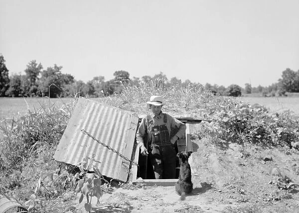 ARKANSAS: FARMER, 1936. A farmer standing in opening of storm cellar which is used