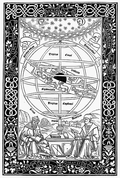 ARMILLARY SPHERE, 1543. Ptolemy (left), the Alexandrian astronomer, and the German mathematician