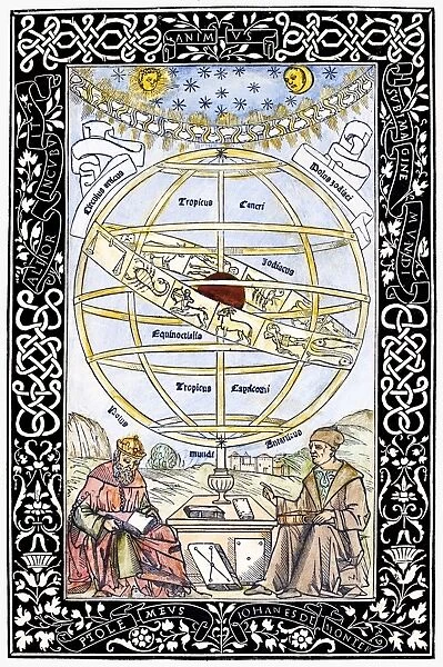 ARMILLARY SPHERE, 1543. Ptolemy (left), the Alexandrian astronomer, and the German mathematician and astronomer Johann Mller Regiomontanus seated beneath an armillary sphere with a zodiac