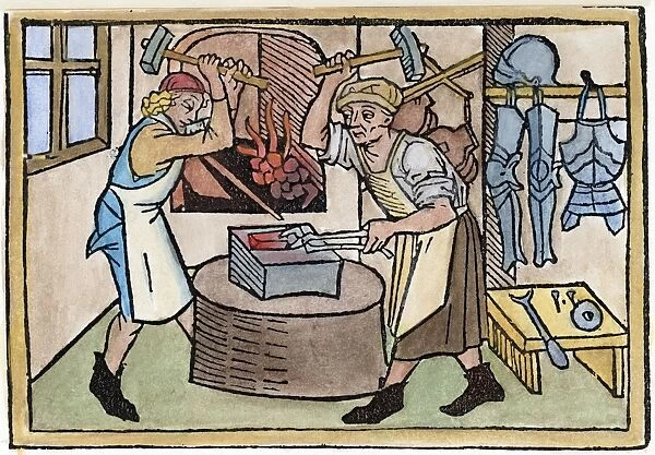 ARMOR SMITH, 1479. A smith and his apprentice make arms and armor. German woodcut, 1479