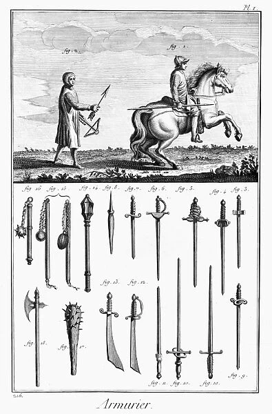 ARMORER, 18th CENTURY. An armorer and various medieval weapons. Copper engraving