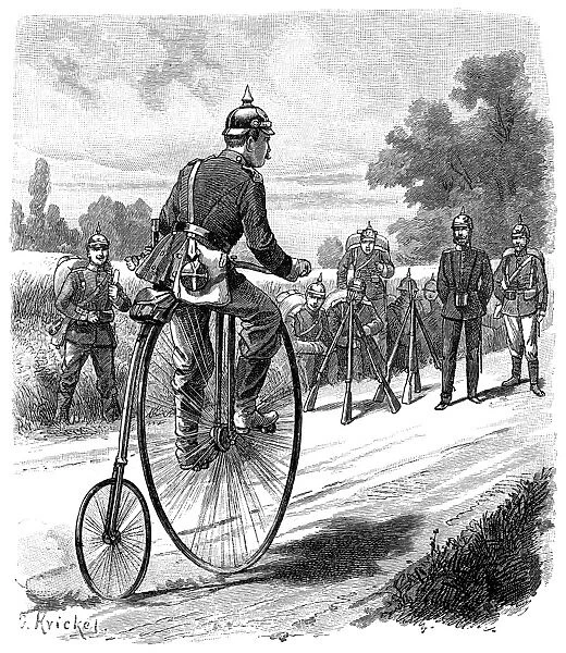 ARMY MESSENGER, 1890s. A German soldier relaying messages with the aid of a bicycle, adopted by the German army for courier service in 1892. Contemporary wood engraving