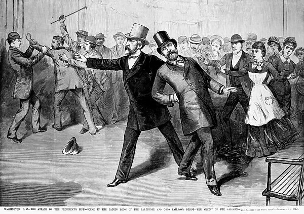 The arrest of Charles J. Guiteau after he shot President James A. Garfield (shown supported by Secretary of State James G. Blaine) in the old Baltimore & Potomac Rail Road station, 2 July 1881. Contemporary engraving