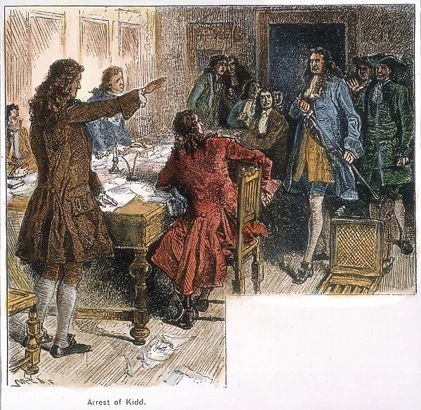 ARREST OF WILLIAM KIDD (c1645-1701). Also know as Captain Kidd. Arrested in Boston, 1699, at the house of the Earl of Bellomont, colonial governor of Massachusetts. Wood engraving, 19th century