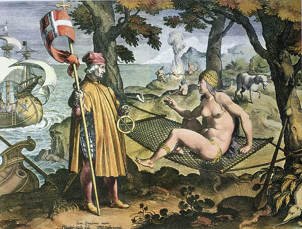 ARRIVAL OF AMERIGO VESPUCCI in the New World. (Vespucci meeting the allegorical representation of America). Engraving by Theodor Galle after the drawing, c1580, by Stradanus