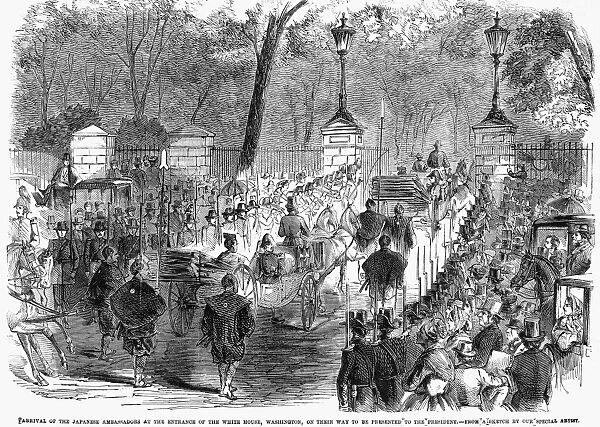 The arrival of the Japanese Embassy at the White House on 17 May 1860. Wood engraving from a contemporary American newspaper