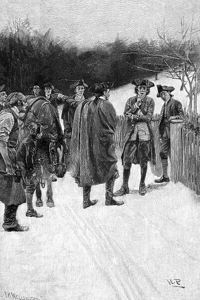 After arriving on horseback from Boston, Massachusetts, Paul Revere warns Major John Sullivan at Durham, New Hampshire, of British plans to occupy the fort and harbor at Portsmouth, 13 December 1774. Wood engraving, American, 1886, after Howard Pyle
