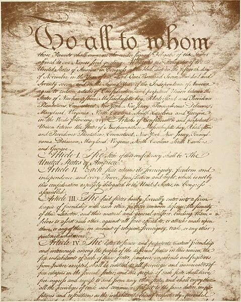 ARTICLES OF CONFEDERATION. The first page of the engrossed Articles of Confederation, prepared on 19 July 1778 for the signatures of the delegates to the Continental Congress