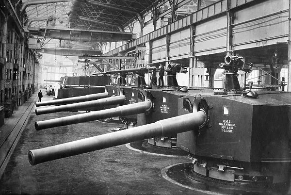 ARTILLERY FACTORY, c1910. Assembly line production of large artillery at the Vickers