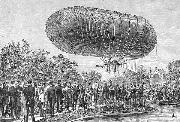 Ascent of an airship in Berlin. German engraving, 1883