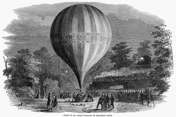 Ascent of Charles Greens hot air balloon, 1849. Contemporary English newspaper engraving
