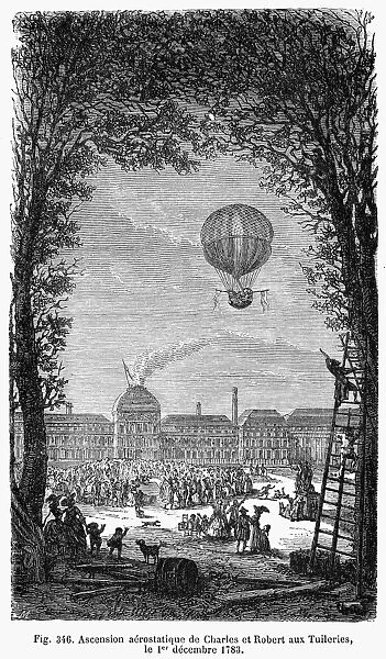Ascent of Charles and Roberts hydrogen balloon at Tuillieries, 1 December 1783. 19th century engraving
