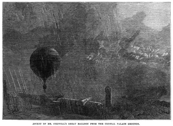 Ascent of Henry Tracey Coxwells hot air balloon from the Crystal Palace grounds in London, October 1865. Contemporary English wood engraving