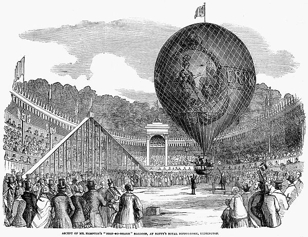 Ascent of John Hamptons Erin-Go-Bragh balloon, at Battys Royal Hippodrome, Kensington, London, England. Wood engraving, English, 1851