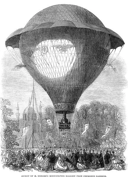Ascent of M. Godards Montgolfier Balloon from Cremorne Gardens. Wood engraving, English, 1864